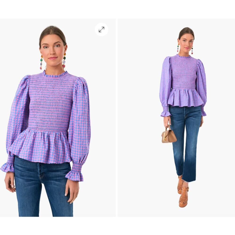 Tuckernuck Lavender and Pink Gingham Smocked Peplum Blouse